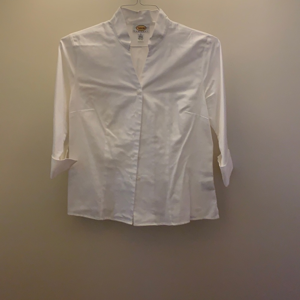 Talbots Petite Womens White Button-Down Shirt 3/4 sleeve 8P